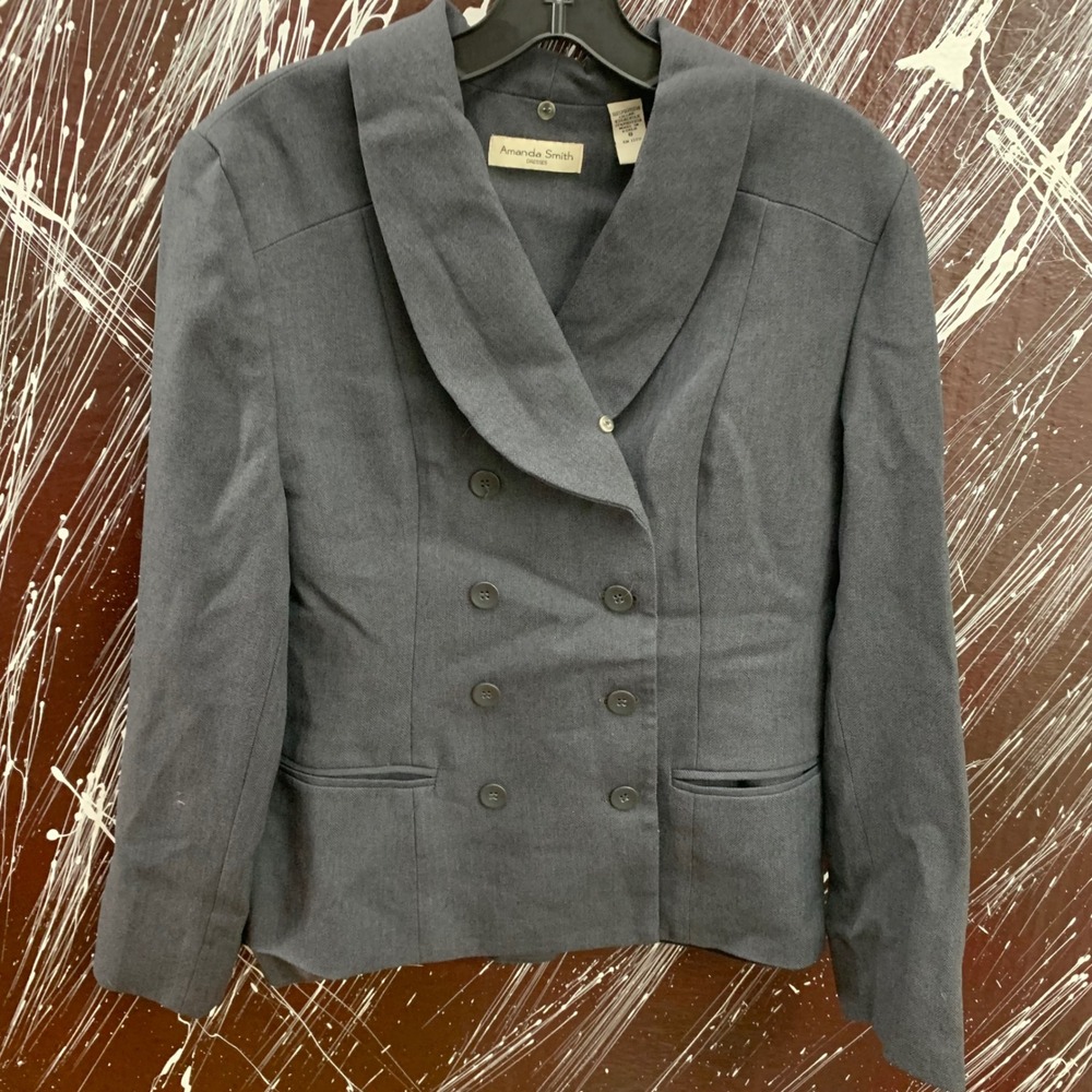 Amanda Smith Grey Herringbone Double Breasted Blazer Shawl Collar Jacket Size 8